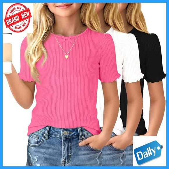Girls 3-Pack Ribbed Cotton Tees with Bow & Puff Sleeves Slim Fit